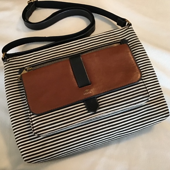Fossil Handbags - Fossil Kinsey Striped Crossbody Bag Navy Blue and Cream